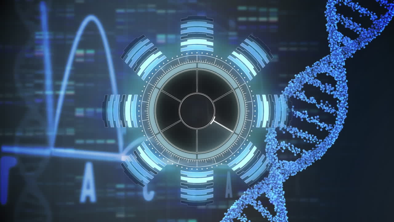 네온 둥근 스캐너, 회전하는 dna 구조, 파란 모자이크 사각형에 대한 심장 모니터의 애니메이션
