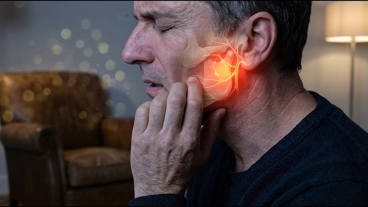 Uomo che prova dolore alla mascella con sovrapposizione anatomica