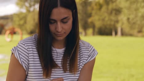 pretty brunette using tablet in park