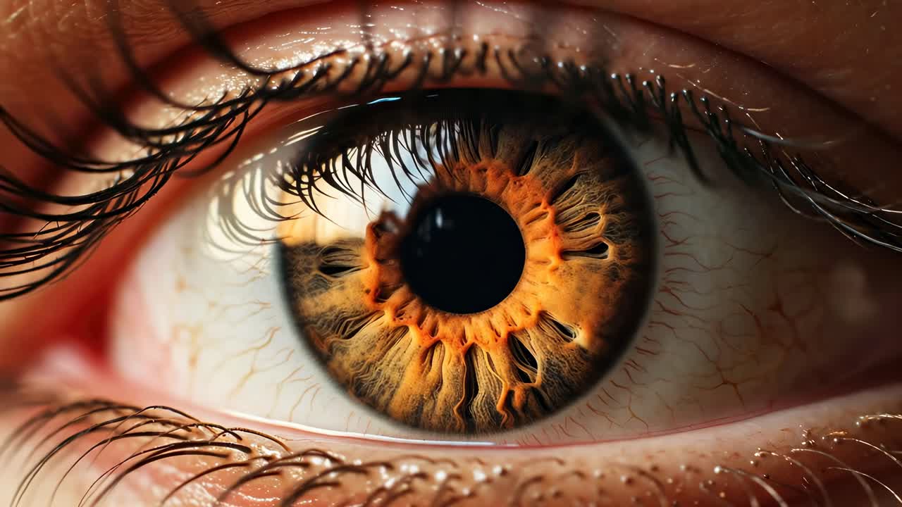 Close-up video style of a human eye, capturing intricate iris details and reflections, shot