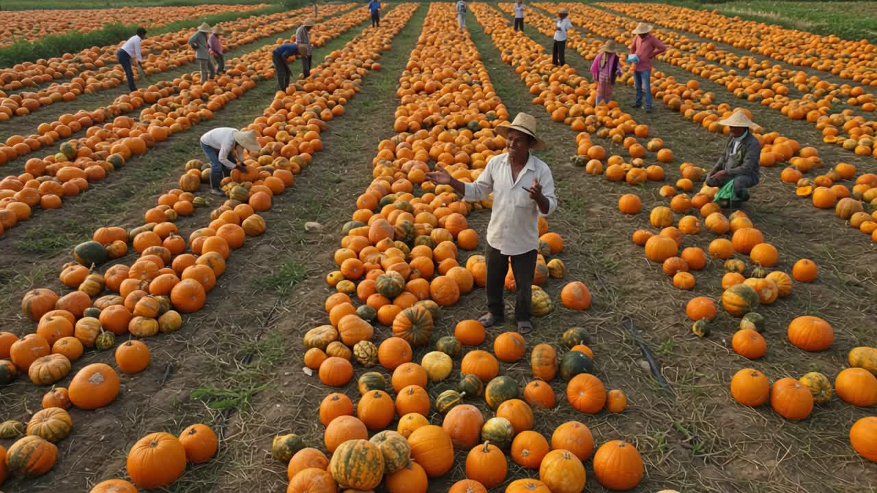 Farmers Harvesting a Bountiful Pumpkin Field