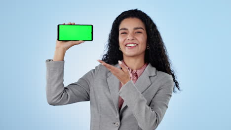 business woman, phone and green screen in studio