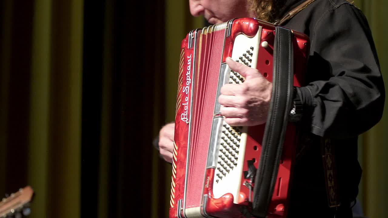 Closeup of an accordionist's hands performing onstage during a folk festival.