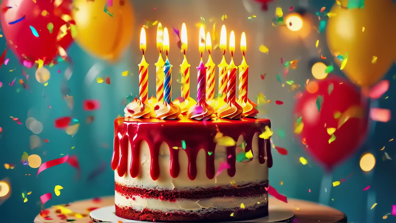 Colorful confetti raining down on red velvet cake, surrounded by lit birthday candles, festive balloons, sparkling bokeh background celebrating special moment