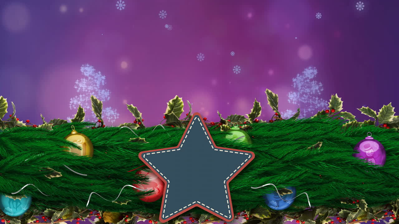 Animation of christmas decoration with copy space over snow and light spots on purple background