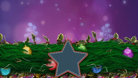 animation of christmas decoration with copy space over snow and light spots on purple background