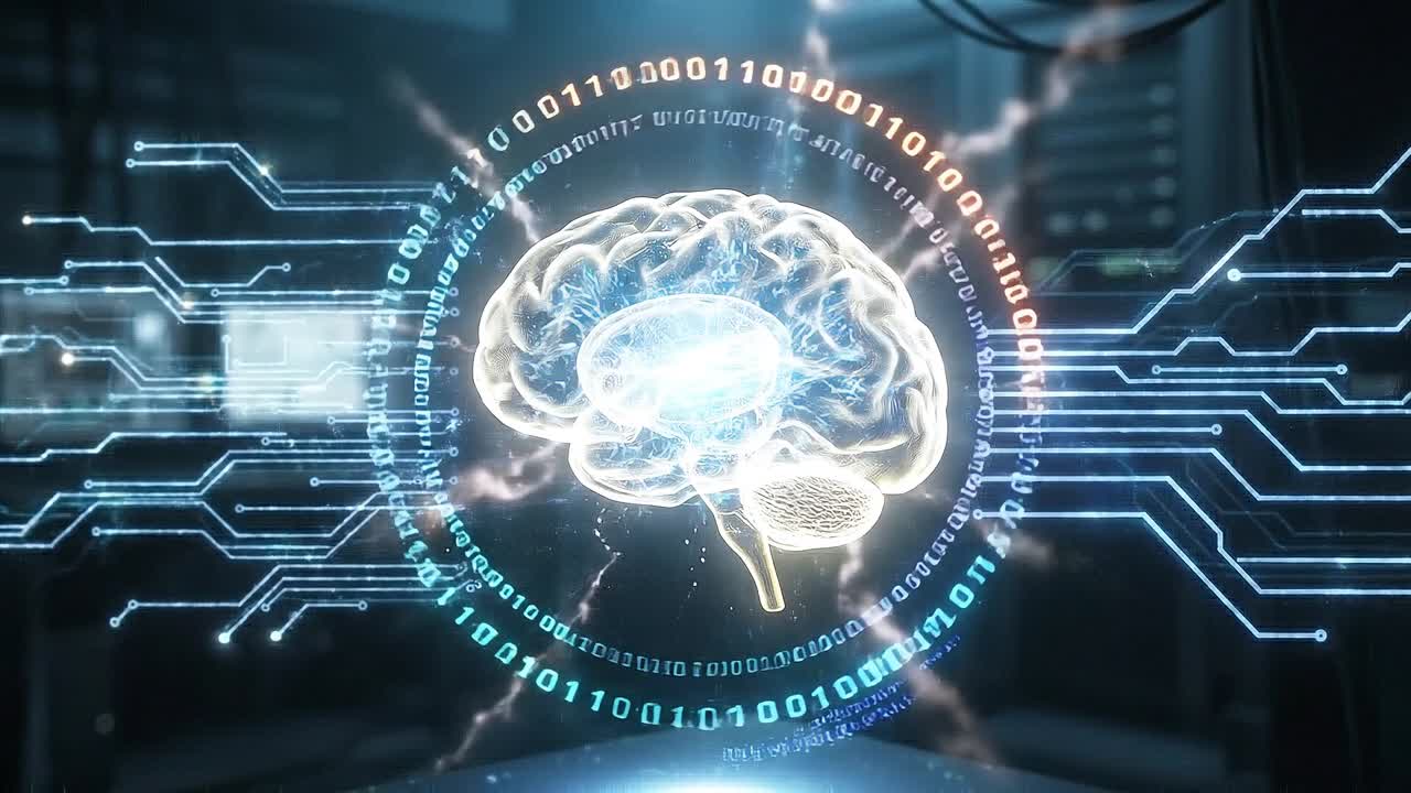 Advanced brain hologram with circular interface and circuit patterns representing neural networks and artificial intelligence systems