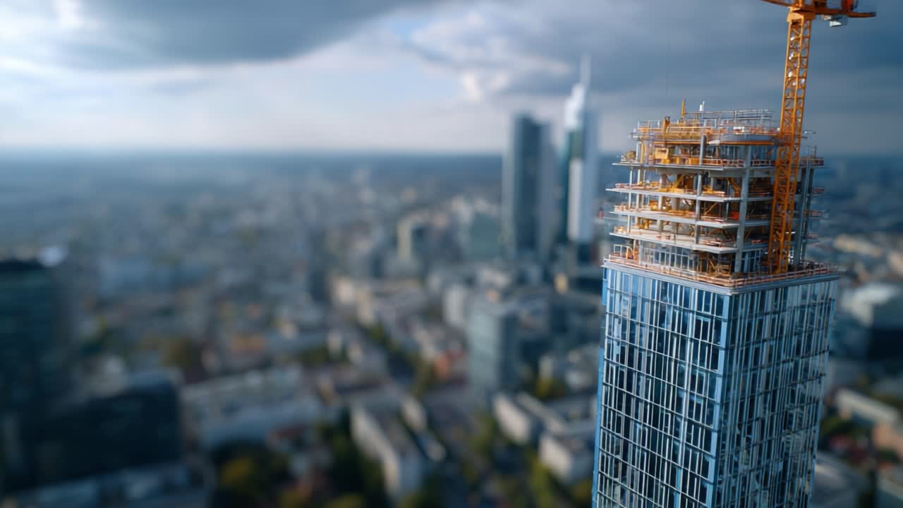 Progressi nella costruzione di un grattacielo sotto cieli nuvolosi, che mostra un design architettonico avanzato e lo sviluppo urbano in un vivace skyline cittadino.