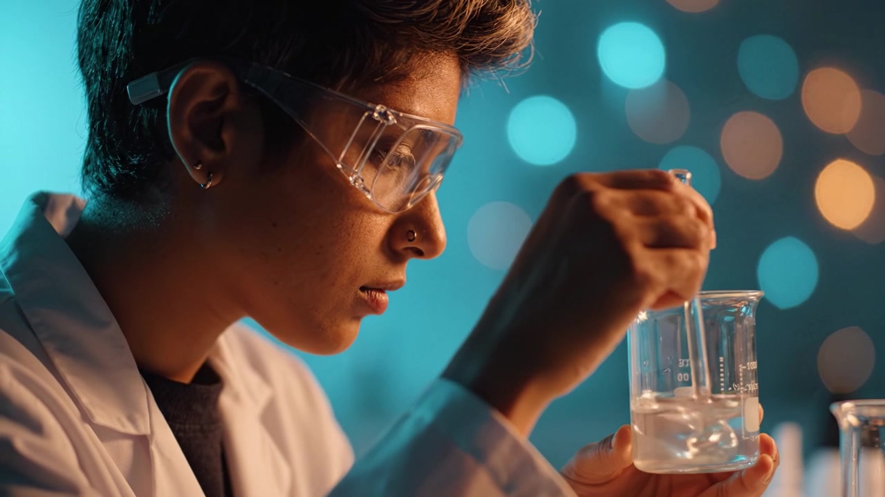 A focused scientist in a lab coat, examining a beaker filled with liquid under dramatic lighting, embodying the spirit of research and discovery in a laboratory setting.