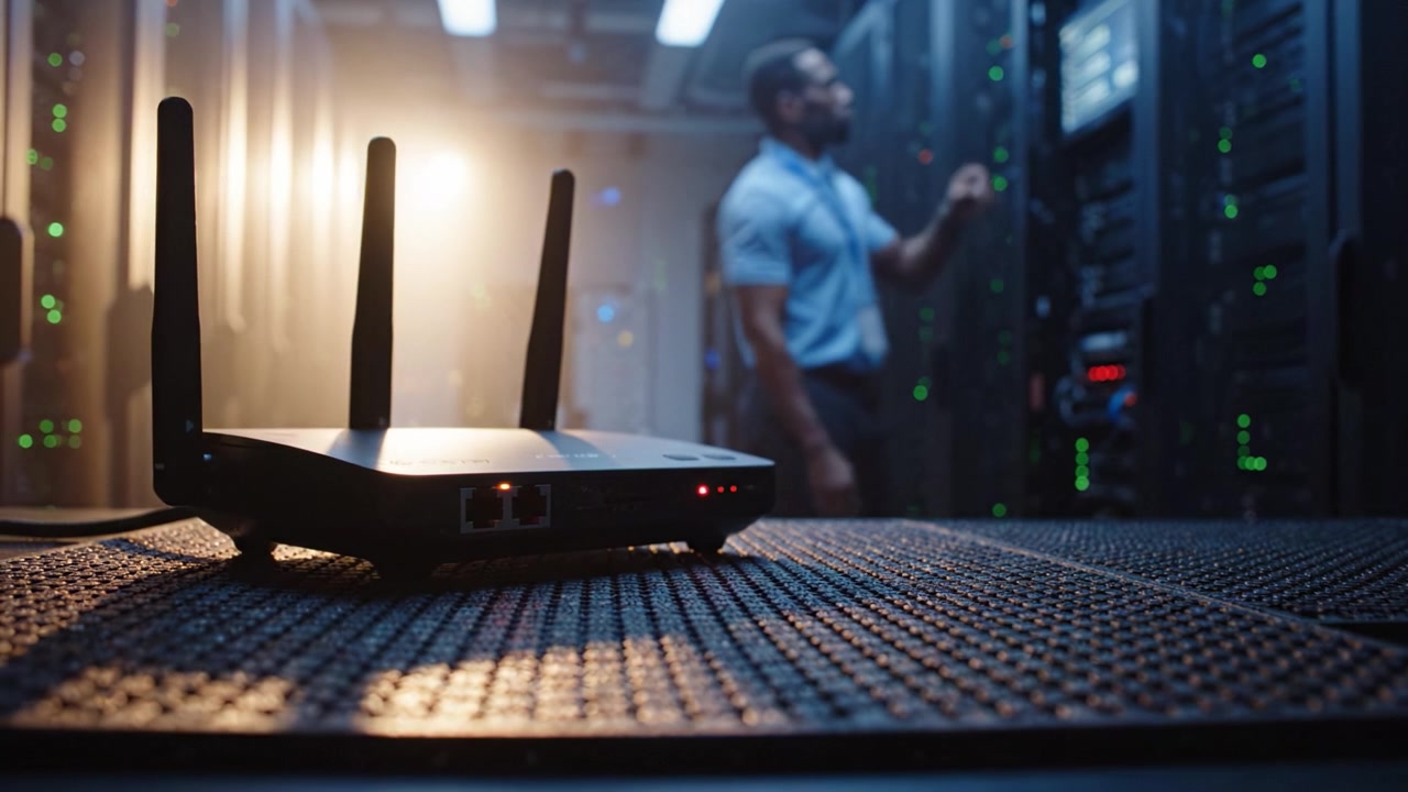 An IT Professional Monitors Networking Equipment in a Server Room, Ensuring Connectivity and Security of Digital Infrastructure with Advanced Technologies
