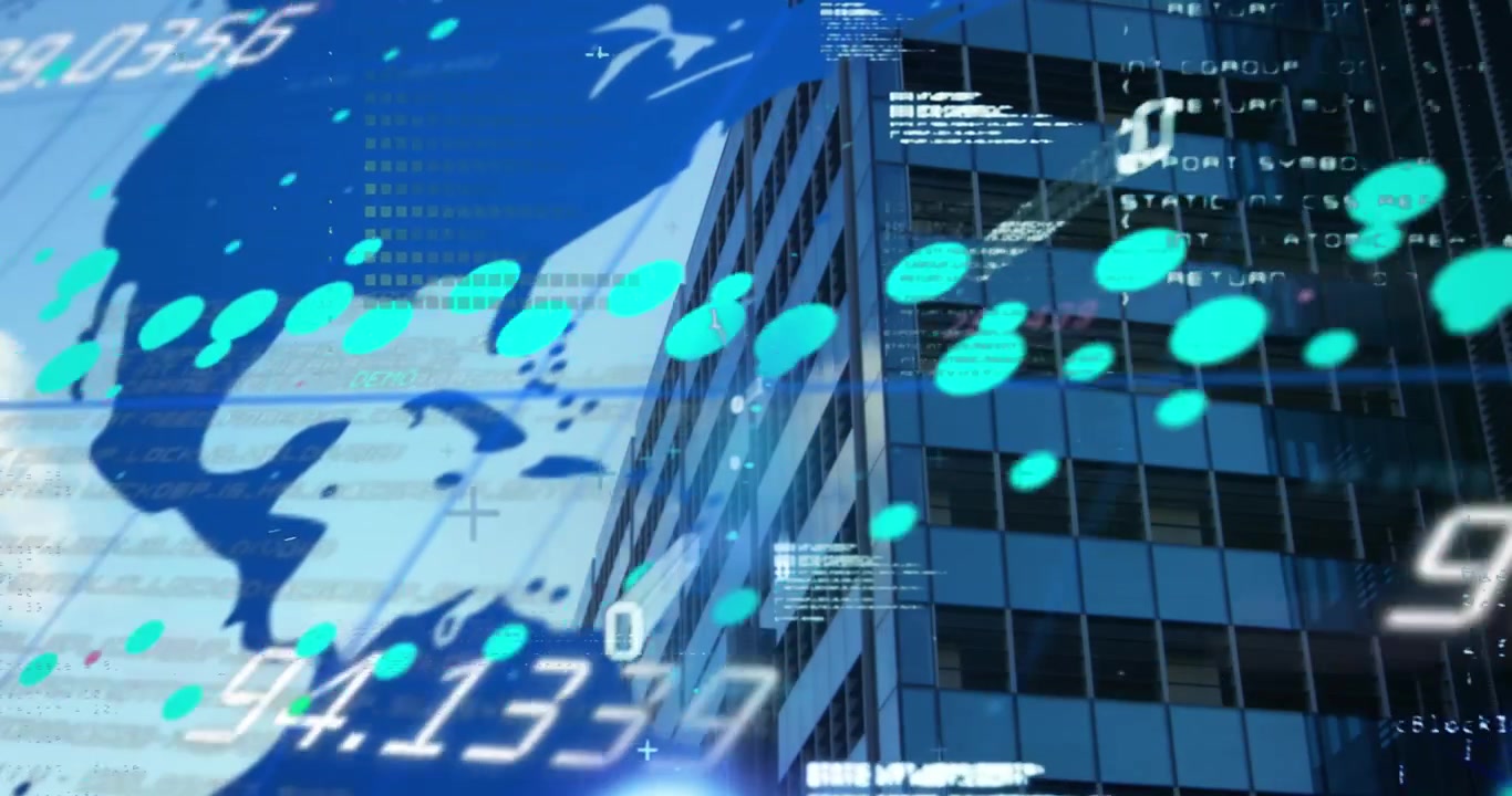 Animation of graphs with numbers over computer language against low angle view of building