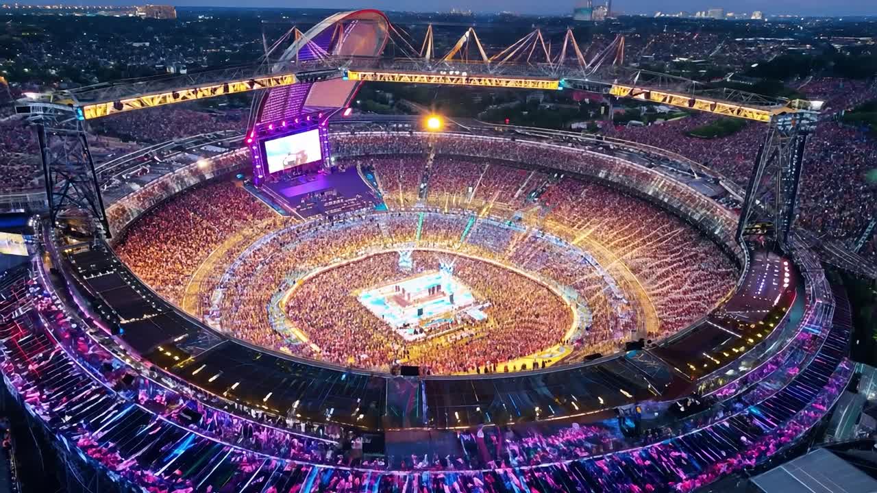 밤 에 경기장 에서 열리는 큰 콘서트 의 공중 사진