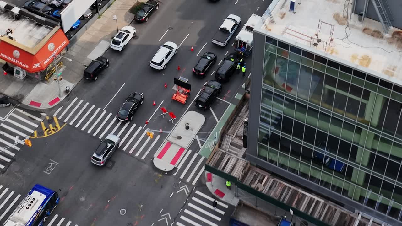 Bird's eye view of busy street traffic in New York City