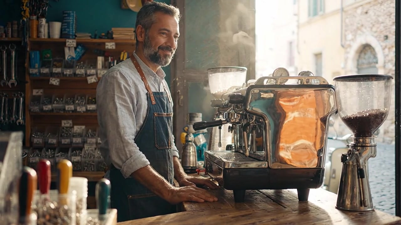 Un Barista Prepara con Maestria il Caffè in un Affascinante Caffè, Mettendo in Mostra un'Elegante Macchina da Caffè Espresso in un'Atmosfera Accogliente e Invitante Piena di Attività