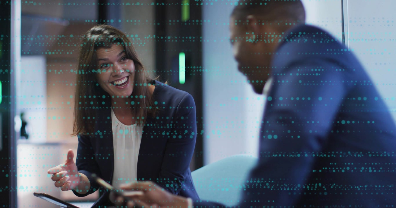 Woman tapping tablet using pen indicating data, initiating chart overlay for business meeting
