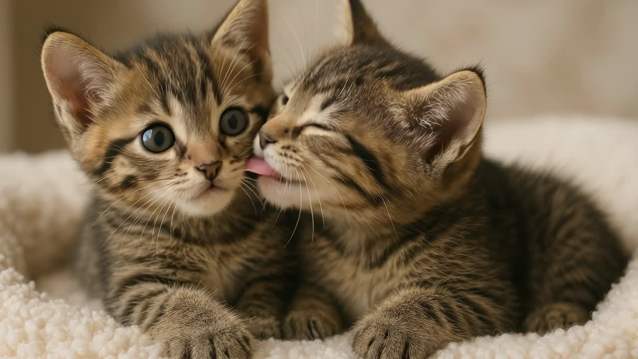 Two adorable kittens cuddle on a soft blanket, one licking the other