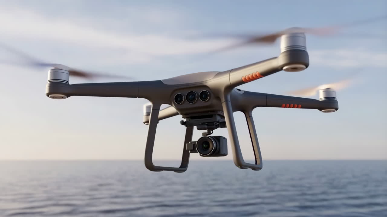 Modern drone with camera flying over the ocean