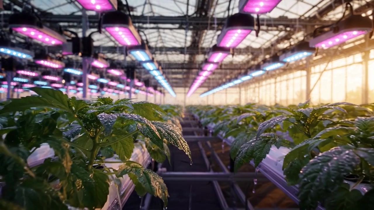 Ein modernes Hydroponik-Gewächshaus mit fortschrittlicher LED-Technologie und üppigem grünem Laub, das einen innovativen Ansatz für nachhaltige Landwirtschaft in der urbanen Landwirtschaft präsentiert.