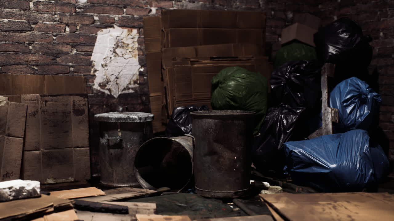 Cluttered storage room filled with trash bags and cardboard boxes in dim light