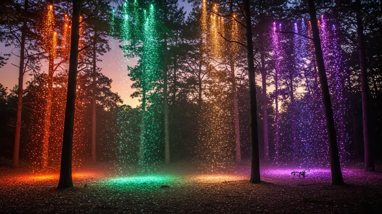 A Mesmerizing Display of Colorful Light Show Amidst a Forest at Dusk: Streams of Colorful Particles Cascade Down Through the Trees, Creating a Magical Atmosphere
