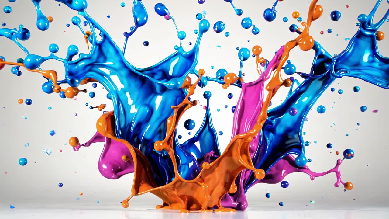 Dynamic splash of vibrant paint colors captured from a side angle, creating an energetic and fluid