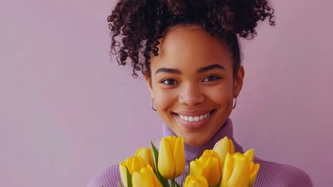 smiling woman holding a bouquet of yellow tulips