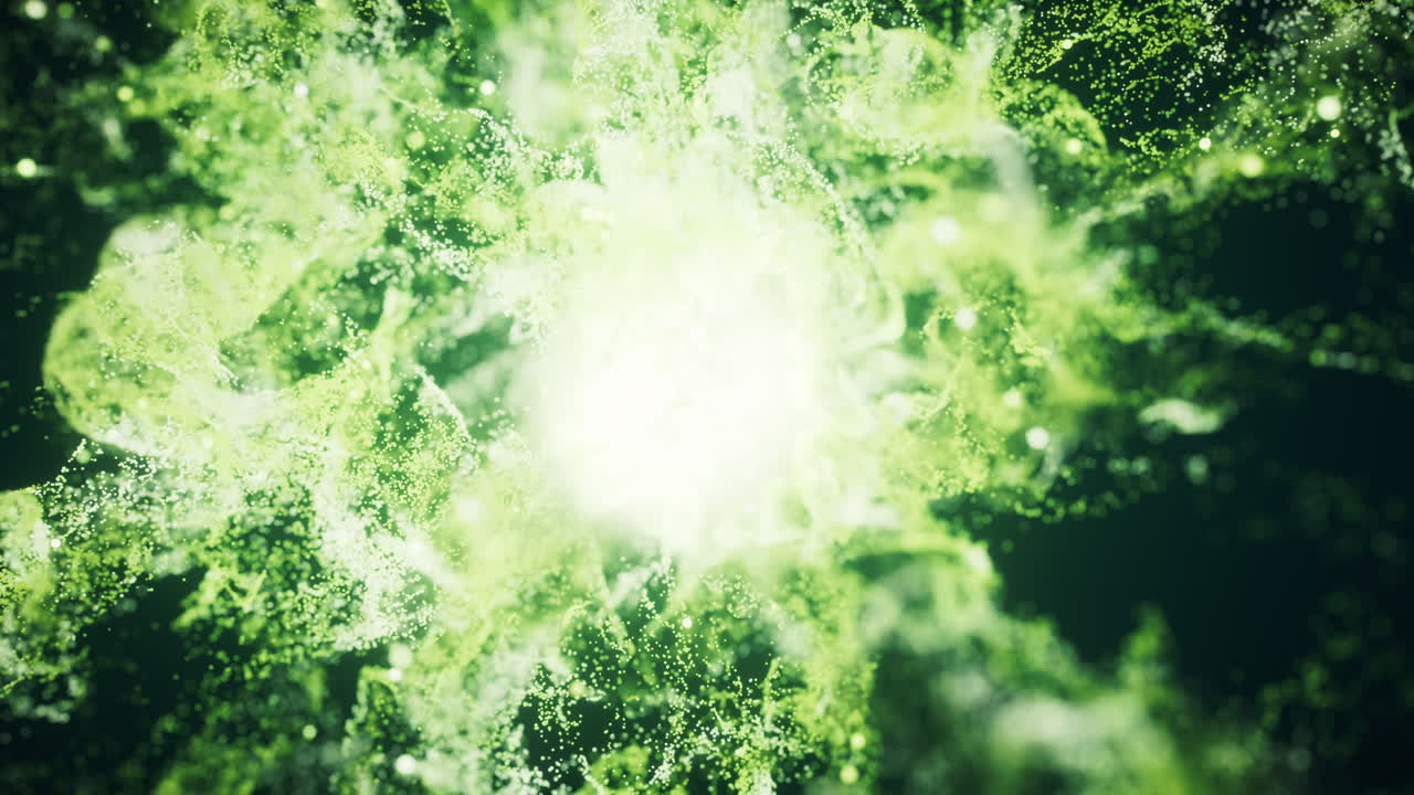 녹색 흐르는 입자, 폭발적인 파동 효과, 3d 렌더링