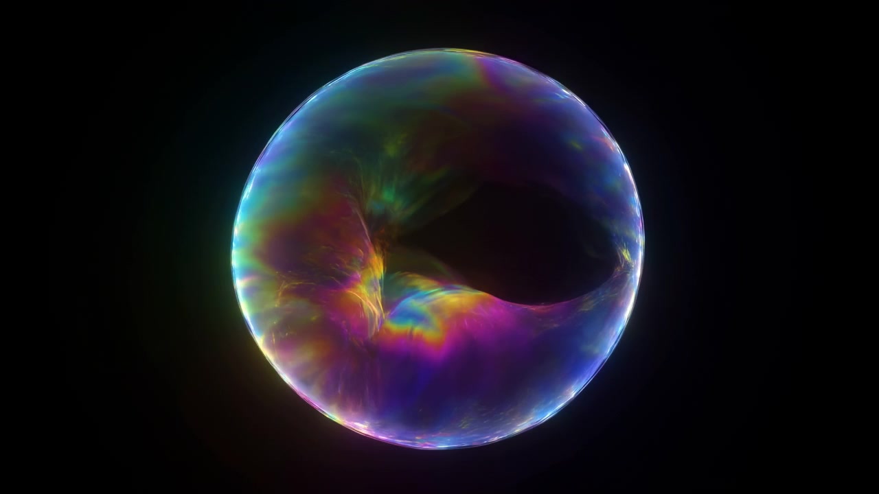 Primo piano di una singola grande bolla di sapone su sfondo nero profondo, che mostra una vivida interferenza a film sottile, vortici di colore luminosi, superficie lucida, texture delicata della membrana e una composizione astratta minimale.