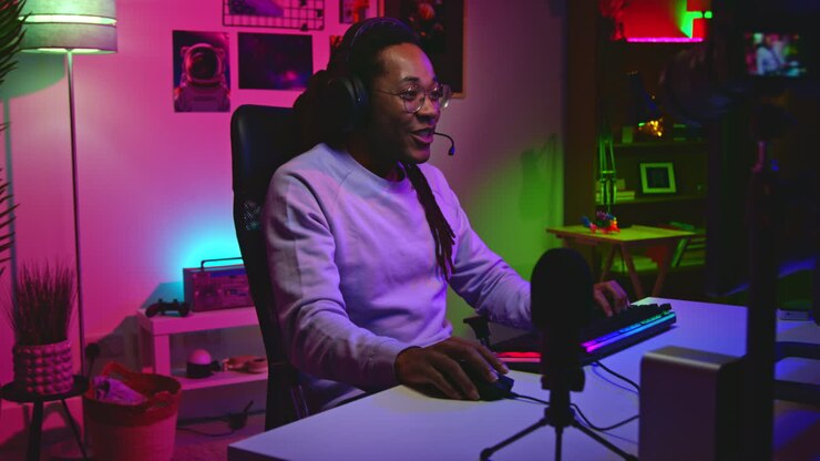 Un gamer di colore che gioca ai videogiochi di notte nella sua stanza.