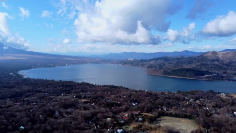 a serene lake surrounded by forests and mountains under a partly cloudy sky, aerial view