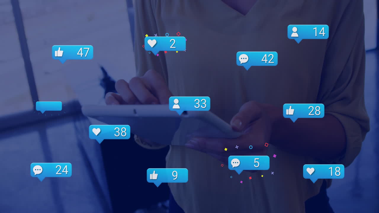 Animation of icons and data processing over diverse business people using tablet