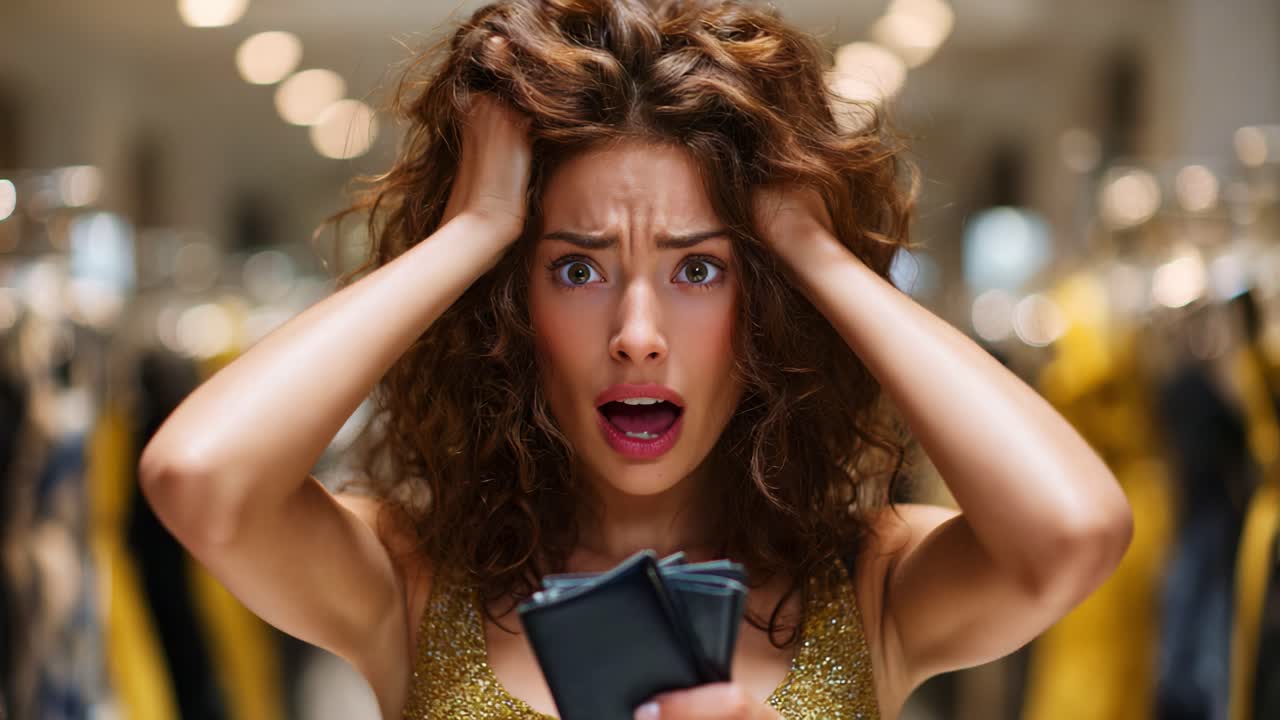 A young woman in a stylish outfit expresses intense emotions, revealing her frustration and anxiety surrounding her phone situation, with a backdrop of a bustling fashion environment