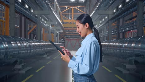 Woman Working on Tablet in Industrial Facility