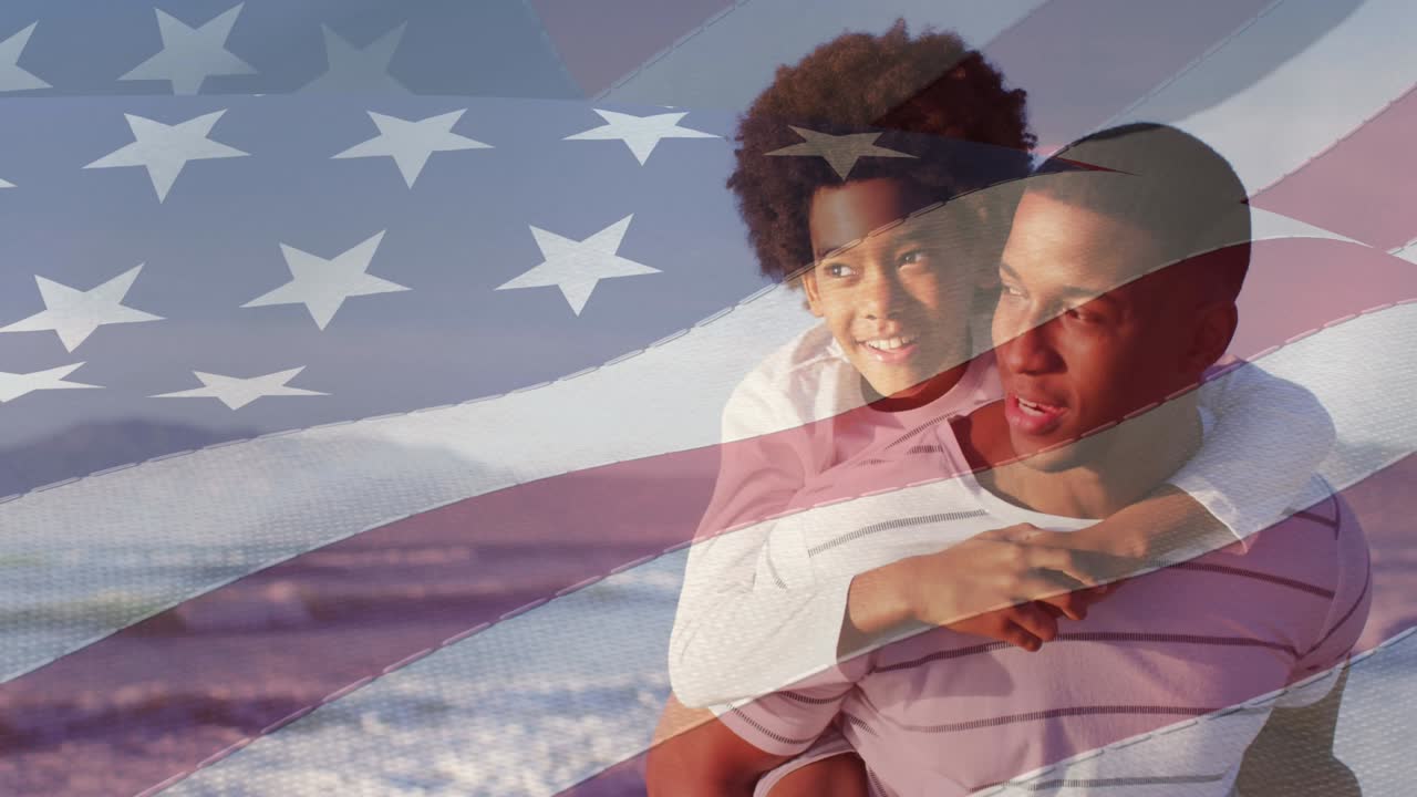 animación de la bandera de los estados unidos de américa sobre un padre e hijo afroamericanos en la playa