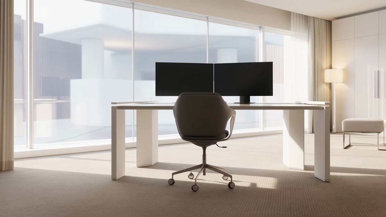 Vista traseira de um escritório minimalista com mesa branca, dois monitores pretos, teclado e mouse sem fio, cadeira giratória centralizada, luz natural suave, janela de vidro e uma atmosfera corporativa calma