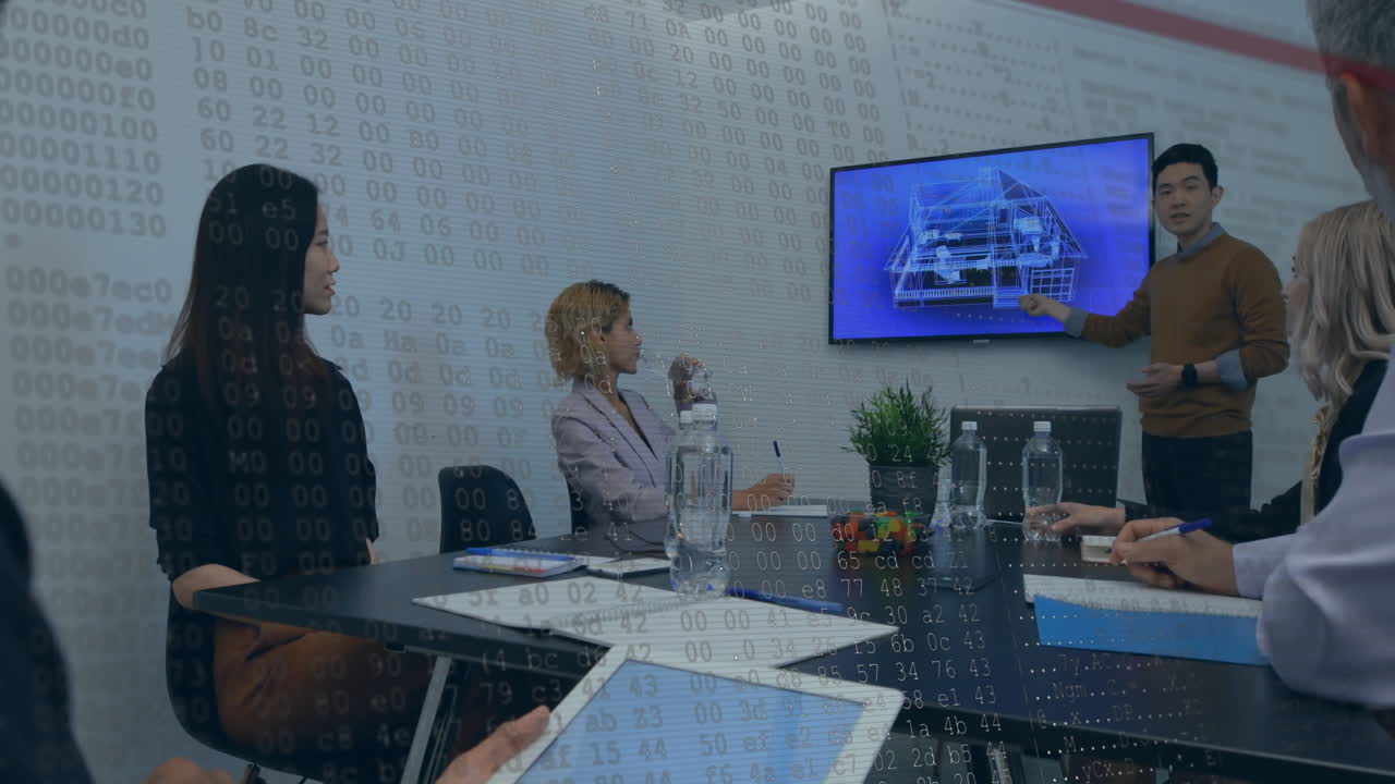 사무실에서 다양한 사업가들에 대한 금융 데이터 처리의 활성화