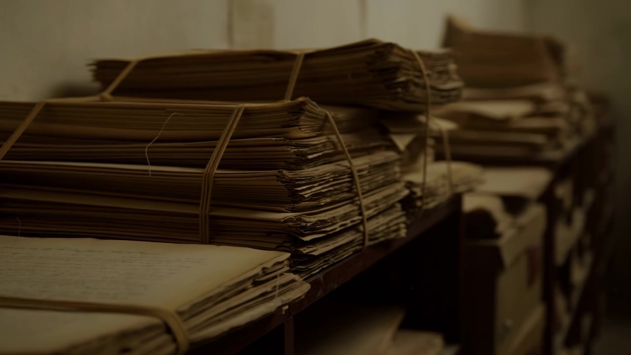 Stacked Tied Newspapers On Shelf, Dim Sepia Lighting, Dusty Bundles Bound With Twine, Brittle Edges, Archivist