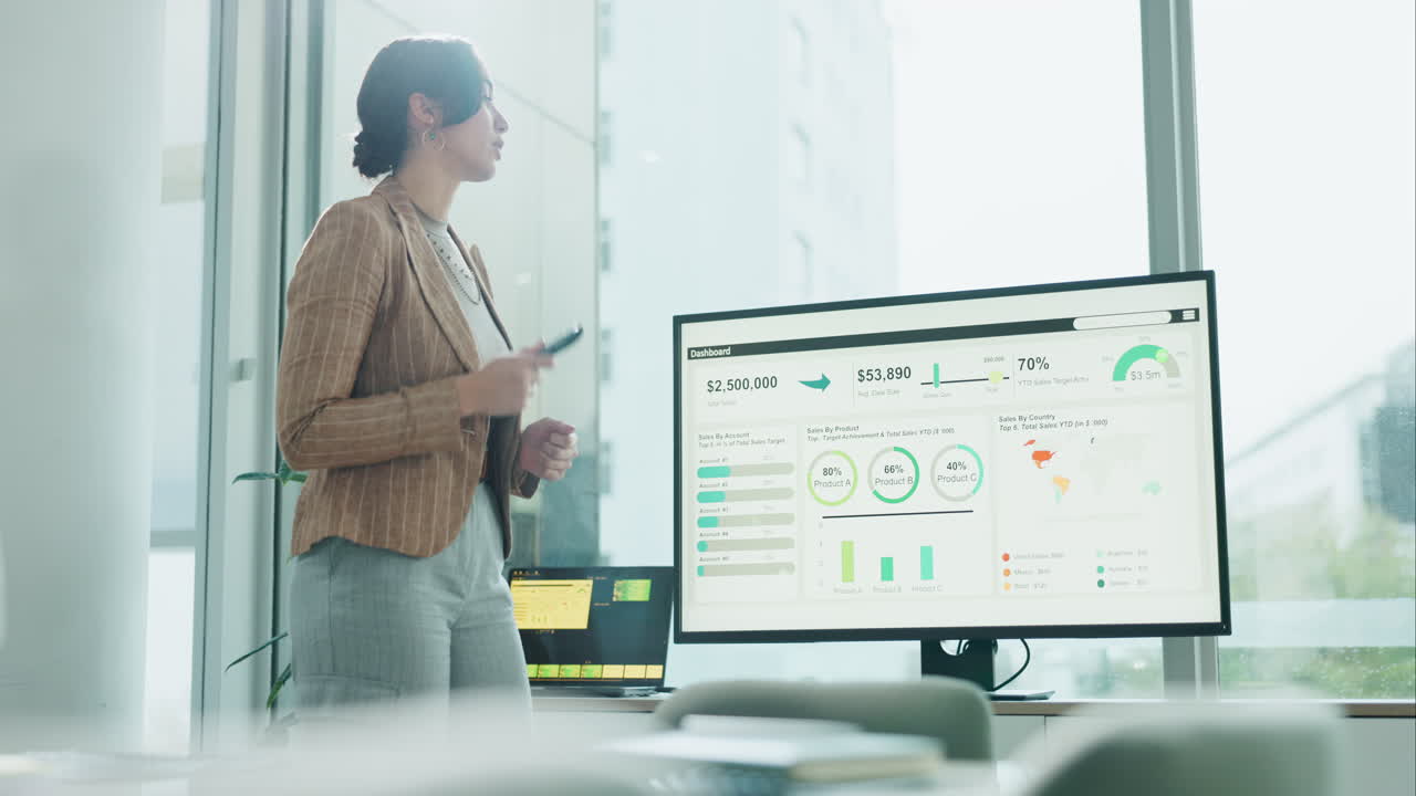 Businesswoman presenting sales data on a dashboard