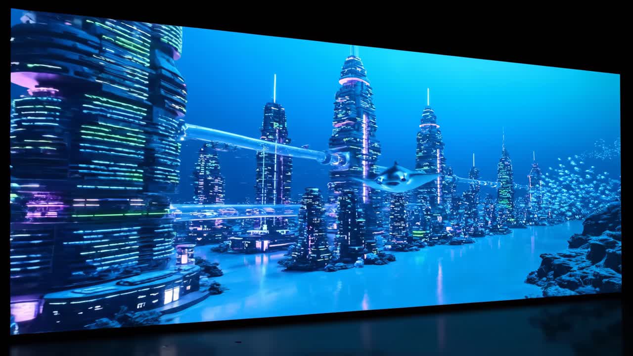Underwater Futuristic Cityscape with Manta Ray