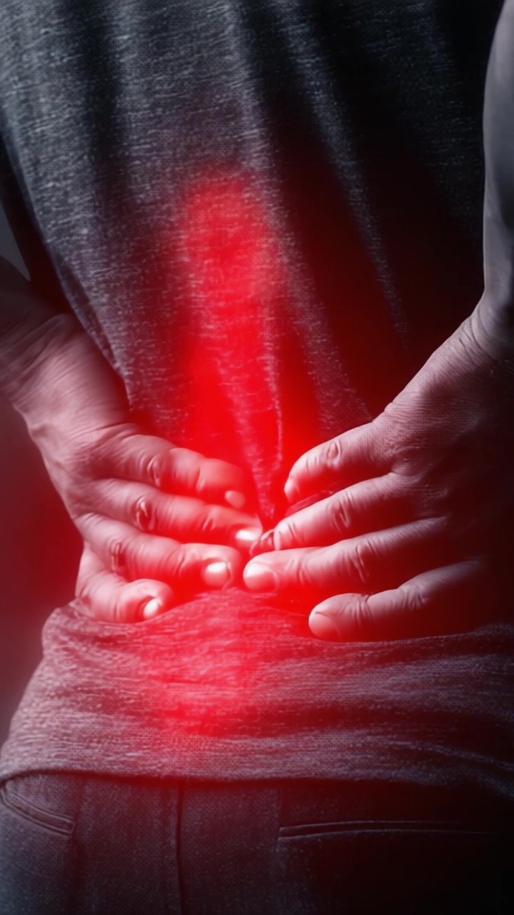 An individual experiencing significant discomfort, with visible signs of pain in the lower back region, highlighting the impact of back issues on daily life and movement.