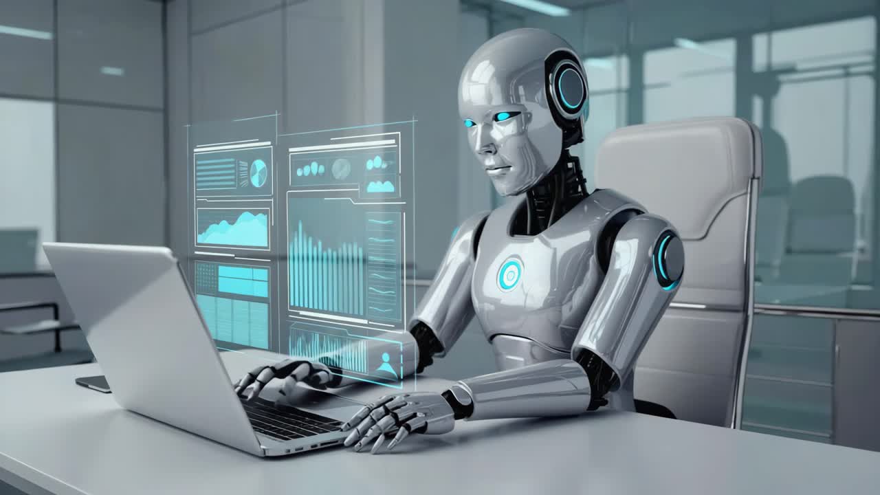 Robot che lavora al laptop con interfaccia olografica in un ufficio