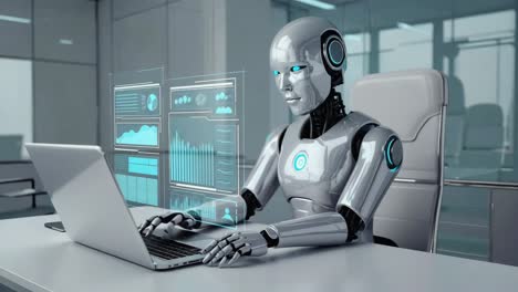 robot working on laptop with holographic interface in an office