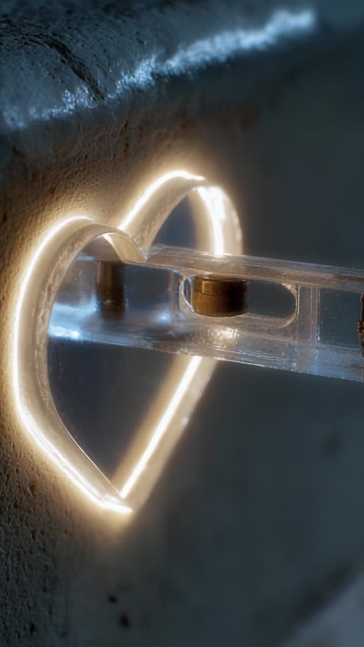 Un elemento a forma di cuore illuminato da una luce soffusa su una superficie materica, che cattura l'essenza dell'amore e della connessione in una presentazione artistica unica