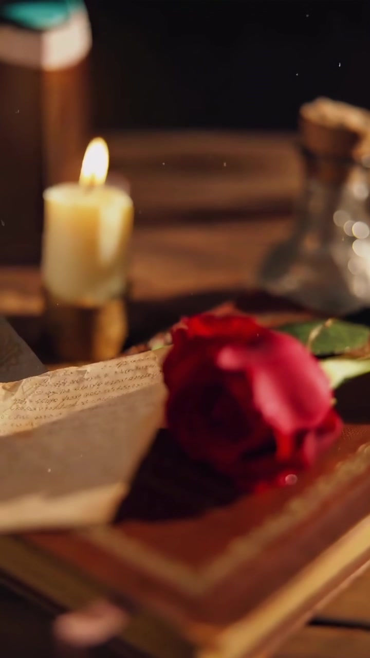 Rosa rossa e lettera manoscritta su libro vintage a lume di candela