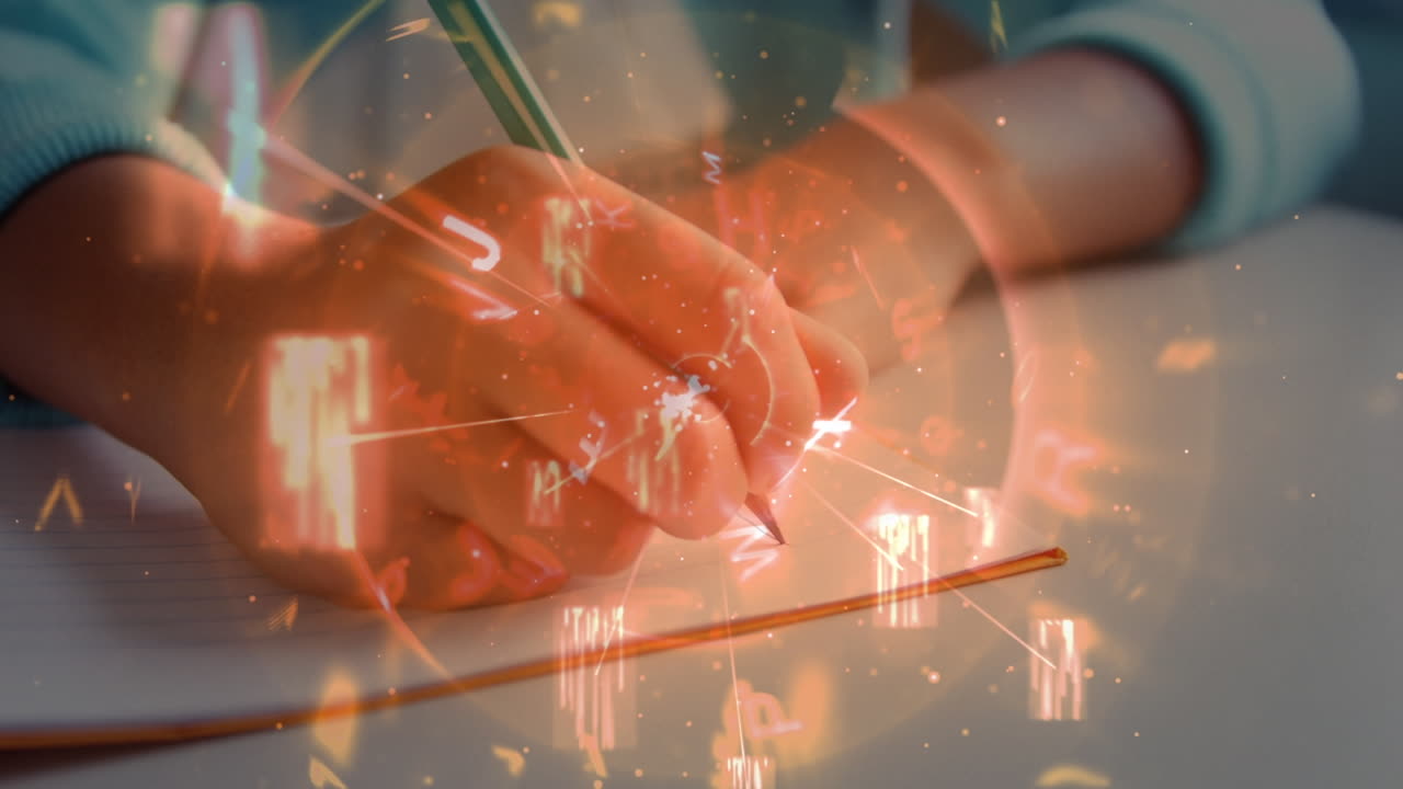 학교에서 글을 쓰는 백인 어린이의 손을 통해 편지와 다양한 데이터의 애니메이션