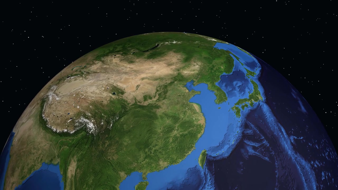 Un'animazione digitale ingrandisce dallo spazio verso la Terra, individuando Handan, Cina, con un indicatore rosso e coordinate
