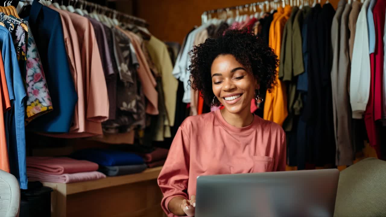 A woman smiles while working on a laptop in a clothing store. The video captures her from a side