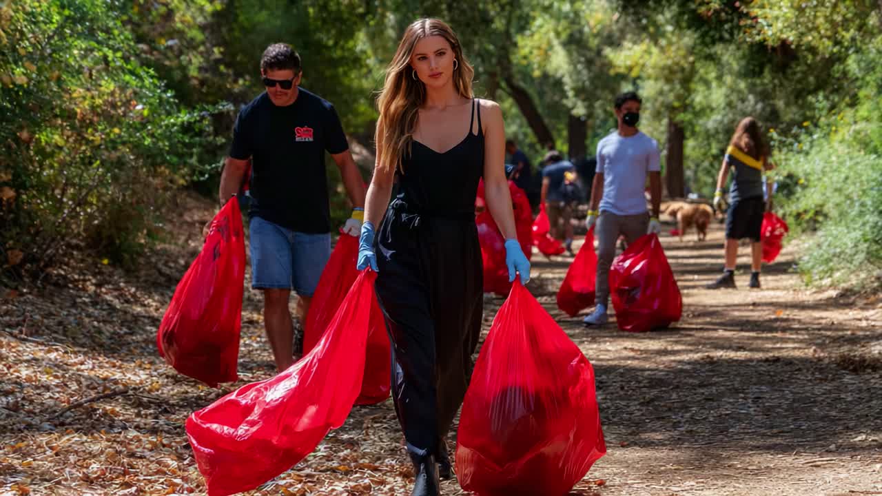 Community Clean-Up Day in Nature: Volunteers Collecting Trash with Red Bags While Promoting Environmental Awareness and Teamwork in a Lush Green Setting, Making a Positive Impact on the Ecosystem