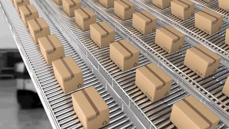 Animation-of-cardboard-boxes-moving-on-conveyor-belts-over-warehouse