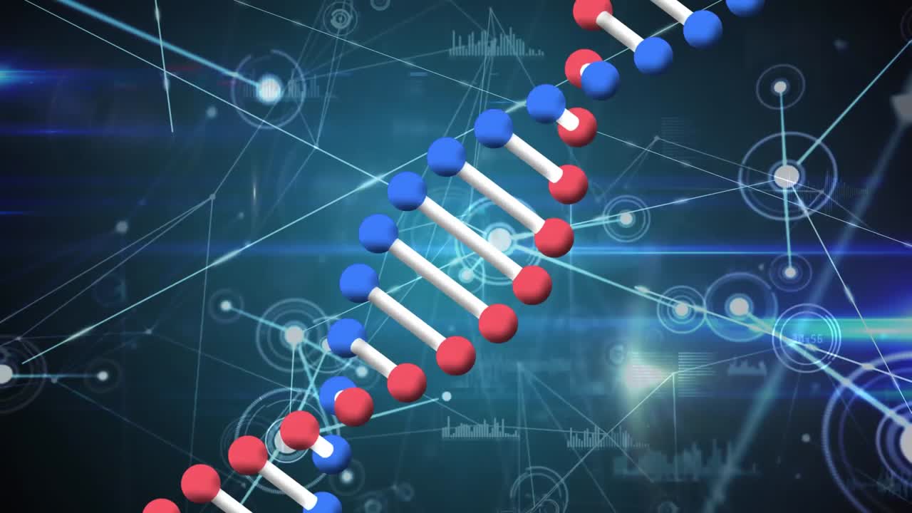 Digital animation of dna structure spinning against network of connections and data processing